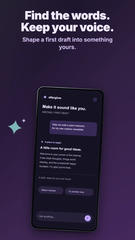 Afterglow, screen 2: Find the words. Keep your voice.