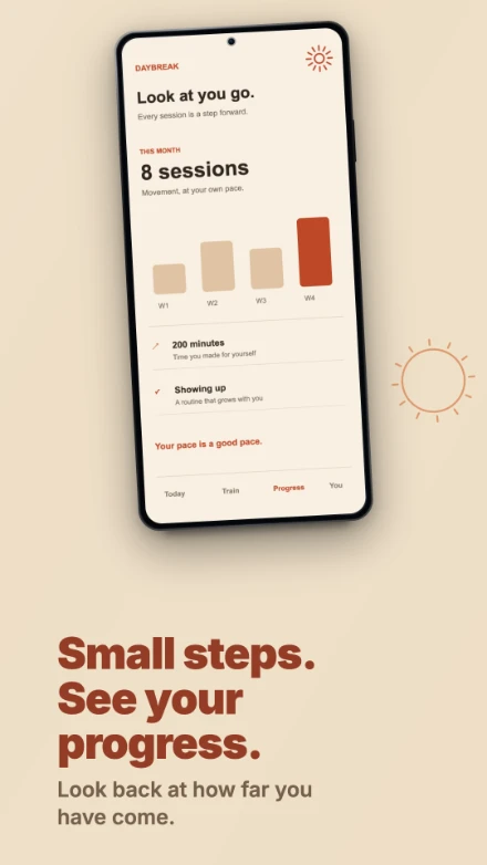 Daybreak, screen 3: Small steps. See your progress.