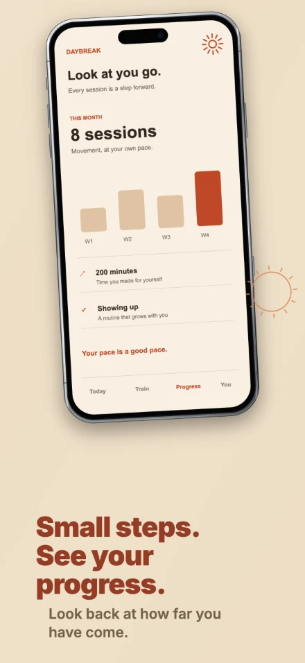 Daybreak, screen 3: Small steps. See your progress.