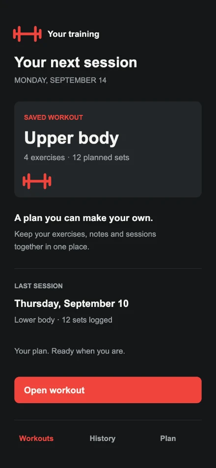 The original fictional Form & Force app screen