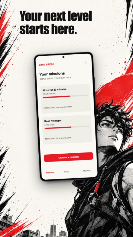 Limit Break, screen 1: Your next level starts here.