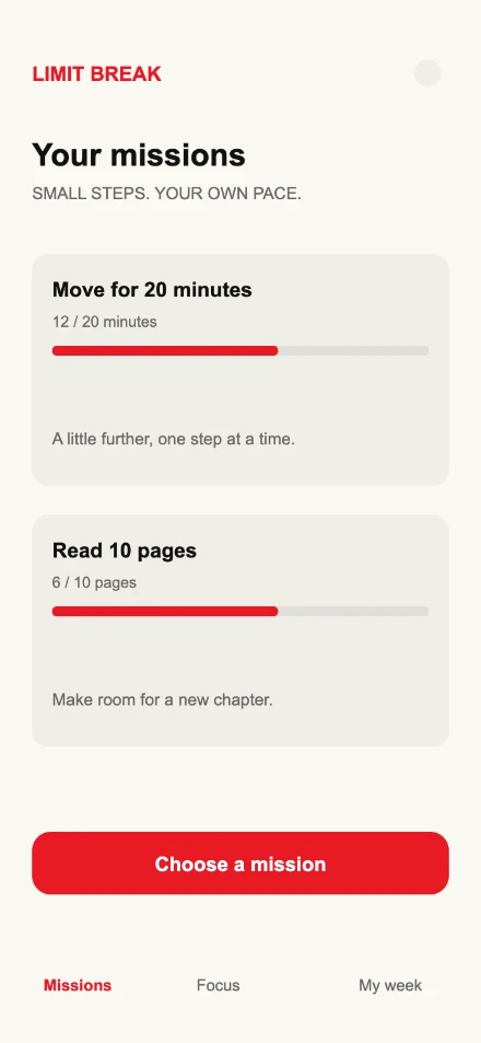 The original fictional Limit Break app screen