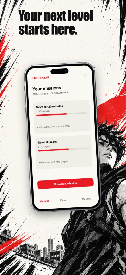 Limit Break, screen 1: Your next level starts here.
