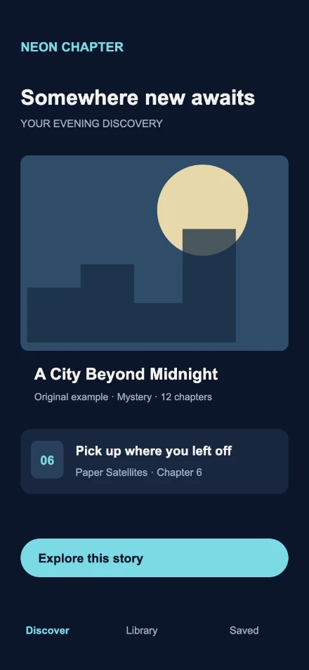 The original fictional Neon Chapter app screen