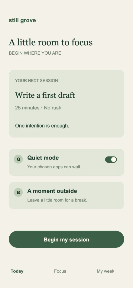 The original fictional Still Grove app screen